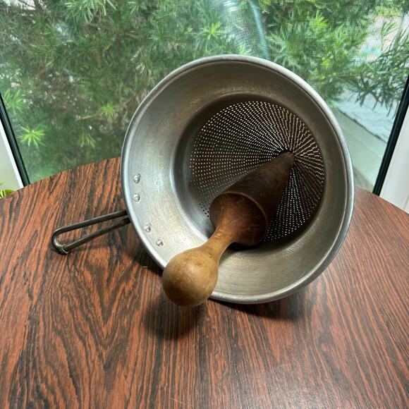 Vintage Aluminum Cone Strainer with Wooden Pestle | Farmhouse Kitchen Décor - Picture 8 of 13